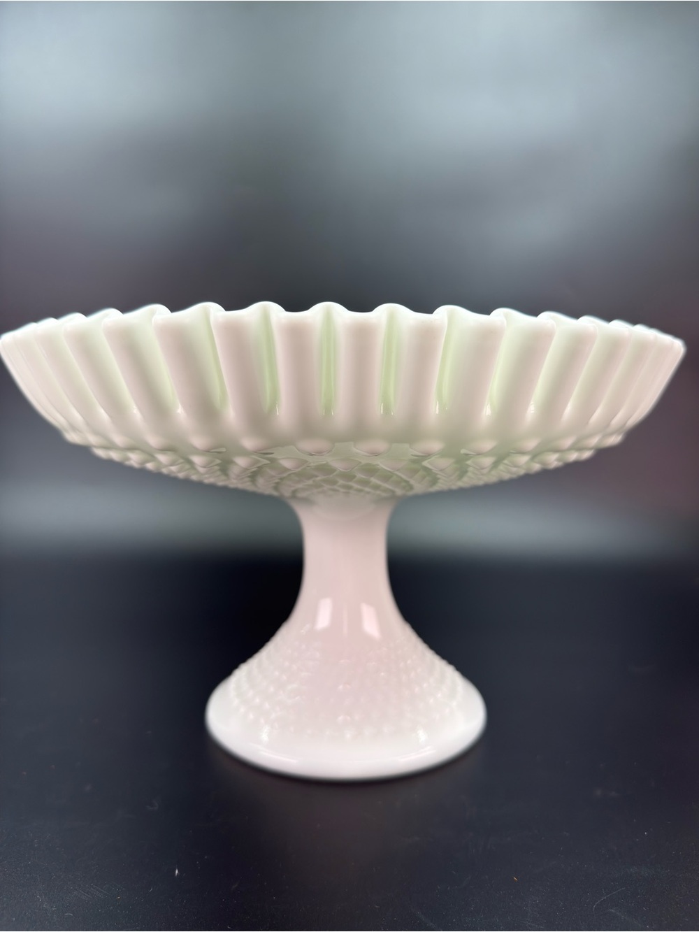 Vintage Fenton Hobnail Ruffled Edged 
MilkGlass Footed Compote/Cake Stand